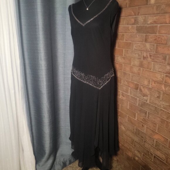 Alex Evenings Black Chiffon Drop Waist Bead Embellished Open Neck Gown - Sz 14 - Picture 1 of 16